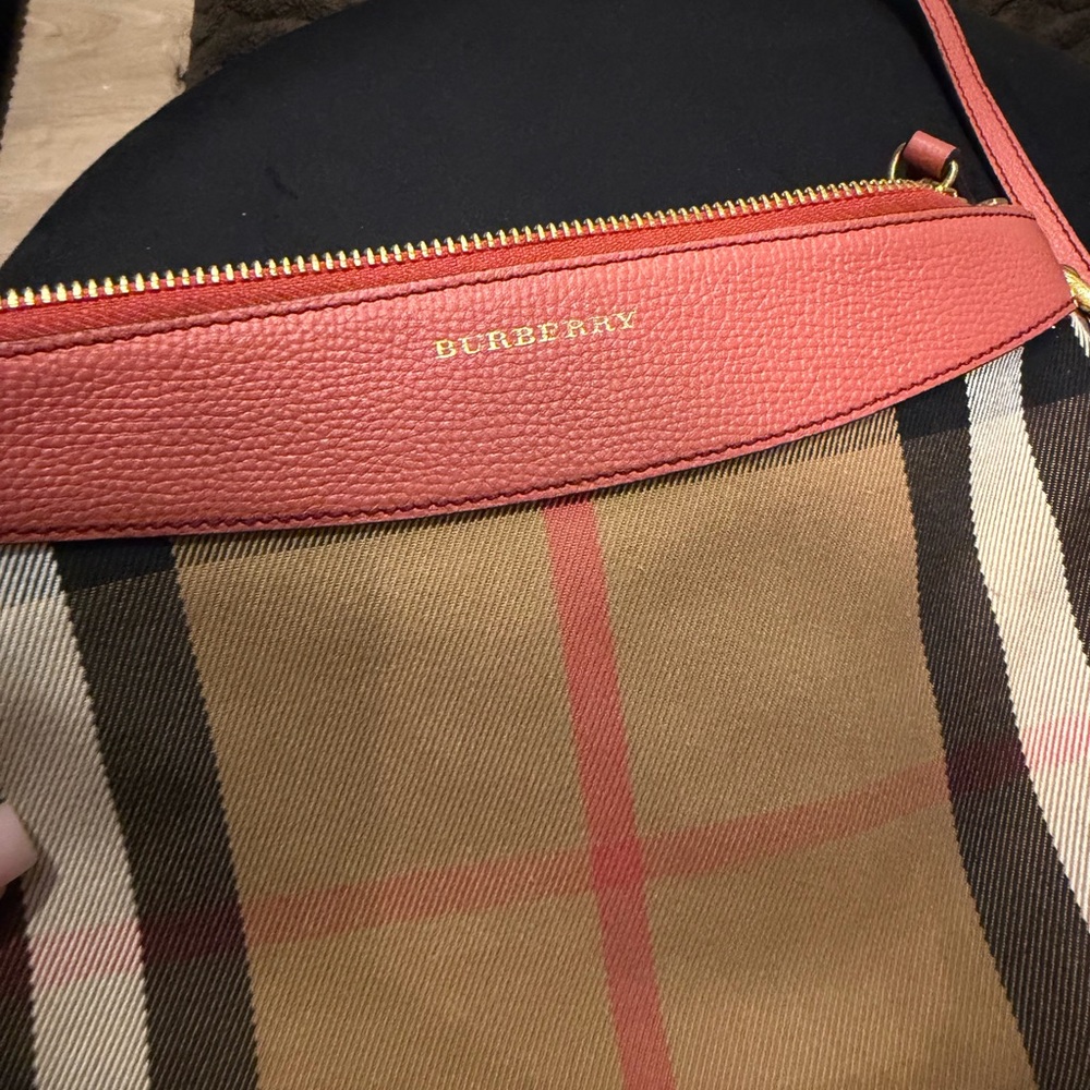 Burberry Coral Leather Trim Vintage Check Crossbody